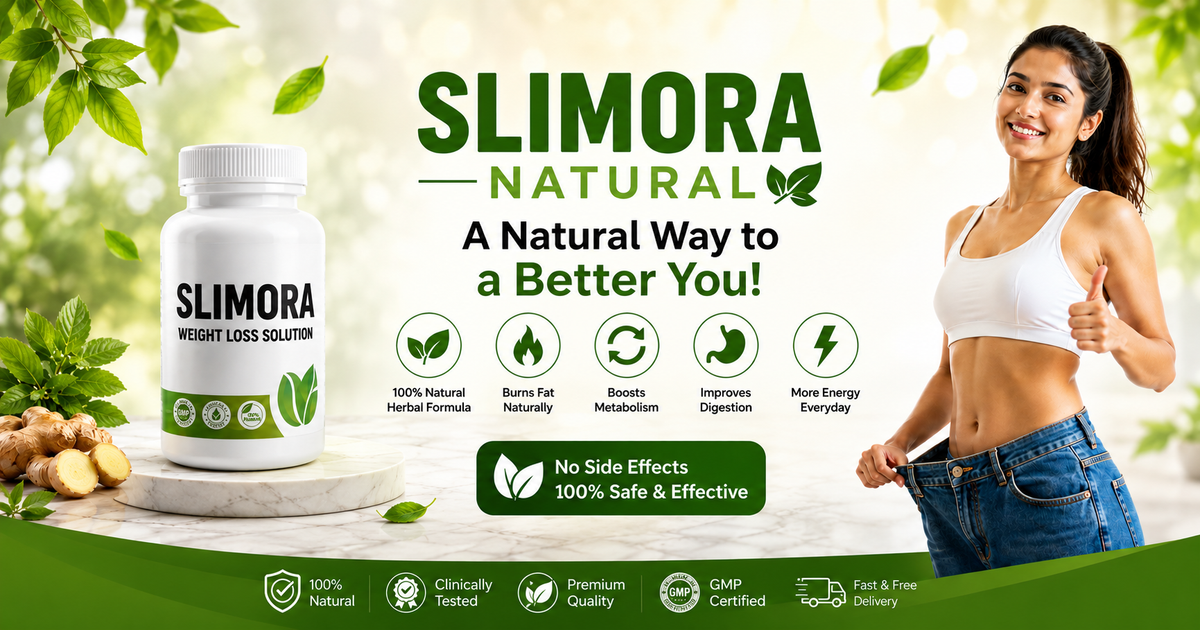 Slimora Natural weight loss supplement bottle shown next to a smiling woman in a white sports bra and jeans holding her waist, with green leaves and ginger roots in a bright, natural-themed promotional layout.